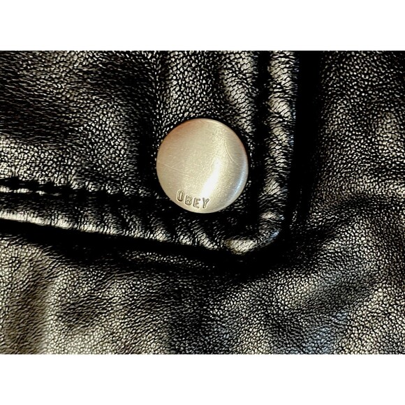 Obey Worldwide Leather Moto Jacket M Shepard Fairey Inner Art Black Biker Rare - Picture 4 of 11